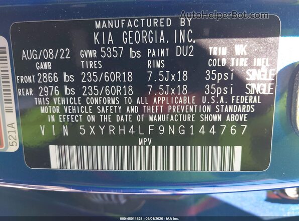 5XYRH4LF9NG144767 2022 KIA SORENTO Blue Widok komory silnika