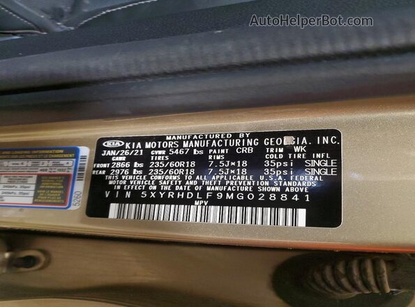 5XYRHDLF9MG028841 2021 KIA SORENTO Gold Widok naklejki z numerem VIN