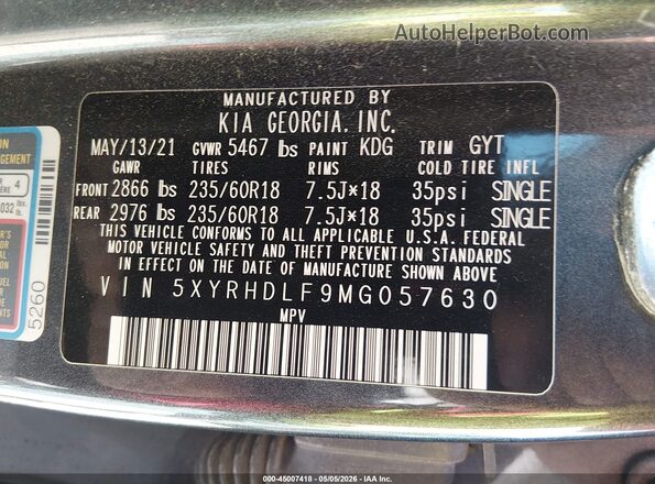 5XYRHDLF9MG057630 2021 KIA SORENTO Gray Vista del compartimento del motor