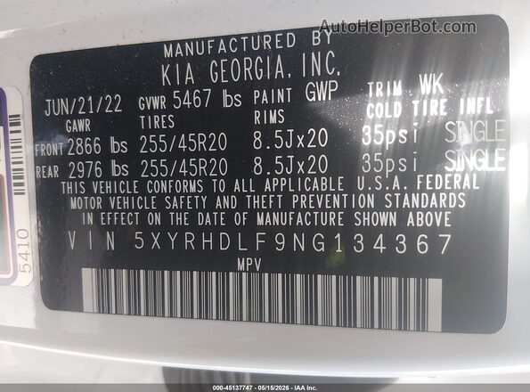 5XYRHDLF9NG134367 2022 KIA SORENTO White 