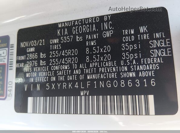 5XYRK4LF1NG086316 2022 KIA SORENTO White Շարժիչի բաժամունքի տեսք