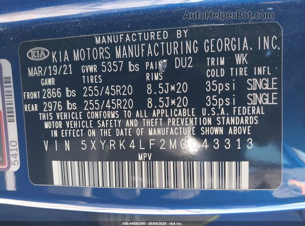 5XYRK4LF2MG043313 2021 KIA SORENTO Blue 