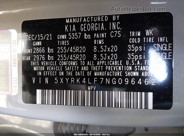 5XYRK4LF7NG096462 2022 KIA SORENTO Gray Engine compartment view