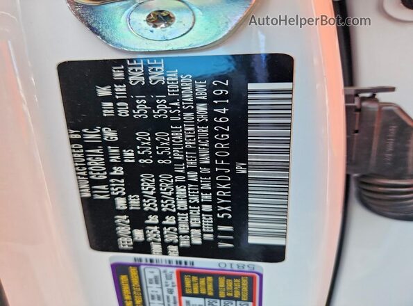 5XYRKDJF0RG264192 2024 KIA SORENTO White Widok naklejki z numerem VIN