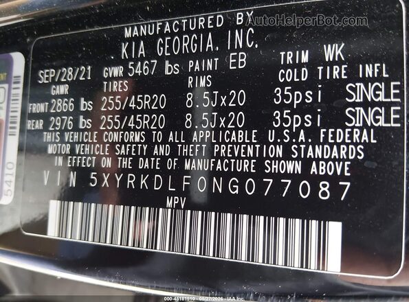 5XYRKDLF0NG077087 2022 KIA SORENTO Черный Вид подкапотного пространства