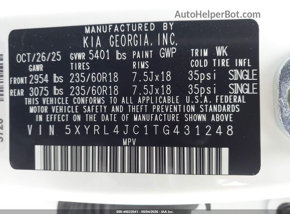 5XYRL4JC1TG431248 2026 KIA SORENTO White 