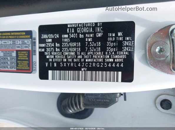 5XYRL4JC2RG254444 2024 KIA SORENTO White Շարժիչի բաժամունքի տեսք