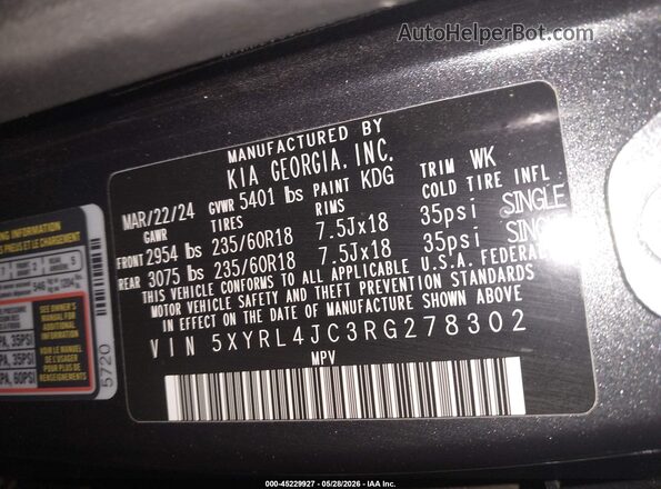 5XYRL4JC3RG278302 2024 KIA SORENTO Gray Շարժիչի բաժամունքի տեսք