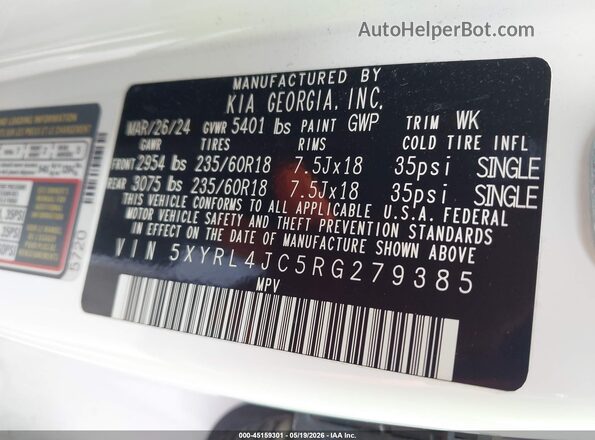 5XYRL4JC5RG279385 2024 KIA SORENTO White Engine compartment view