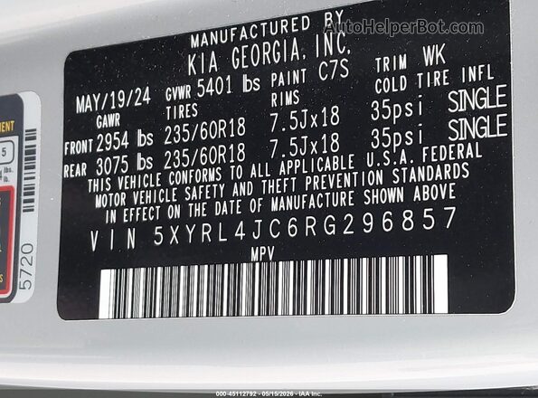 5XYRL4JC6RG296857 2024 KIA SORENTO Серый 
