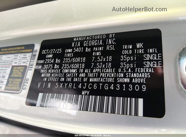 5XYRL4JC6TG431309 2026 KIA SORENTO Silver 