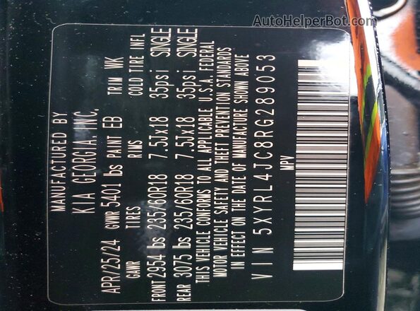 5XYRL4JC8RG289053 2024 KIA SORENTO Black Widok naklejki z numerem VIN