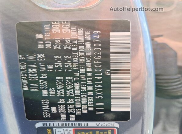 5XYRL4LC0PG230749 2023 KIA SORENTO Gray Vista interior de 360 grados