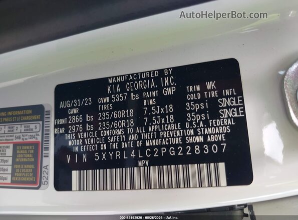 5XYRL4LC2PG228307 2023 KIA SORENTO Белый Вид подкапотного пространства