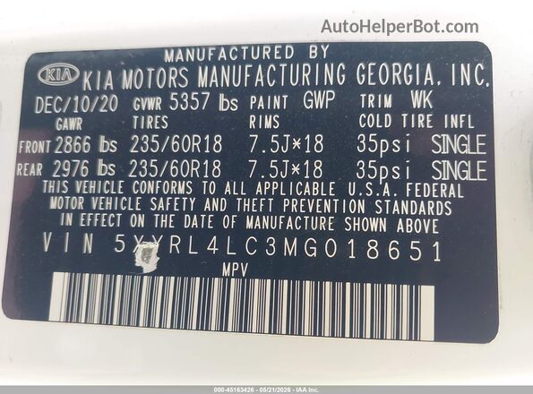 5XYRL4LC3MG018651 2021 KIA SORENTO White Widok komory silnika