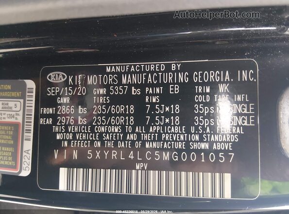5XYRL4LC5MG001057 2021 KIA SORENTO Black Вид підкапотного простору