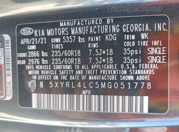 5XYRL4LC5MG051778 2021 KIA SORENTO Gray Widok wnętrza 360 stopni