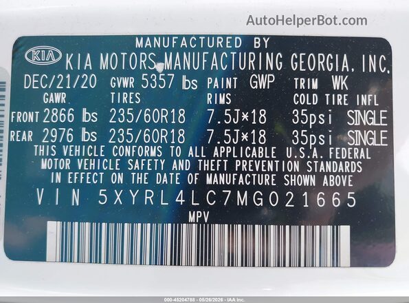 5XYRL4LC7MG021665 2021 KIA SORENTO White Vista del compartimento del motor