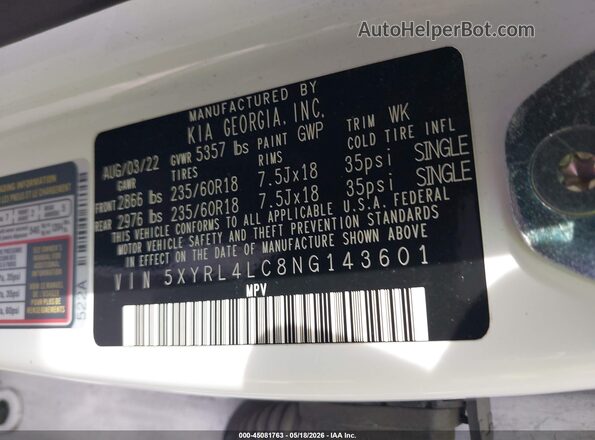 5XYRL4LC8NG143601 2022 KIA SORENTO White ძრავის განყოფილების ხედი