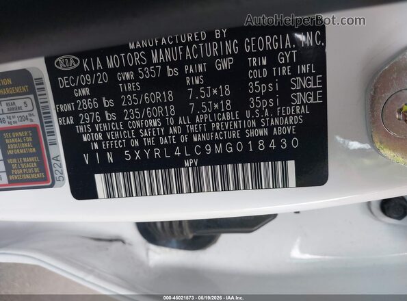 5XYRL4LC9MG018430 2021 KIA SORENTO Белый Вид подкапотного пространства