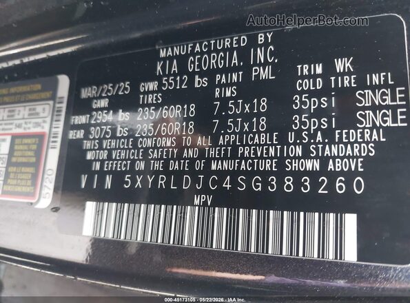 5XYRLDJC4SG383260 2025 KIA SORENTO Gray Vista del compartimento del motor