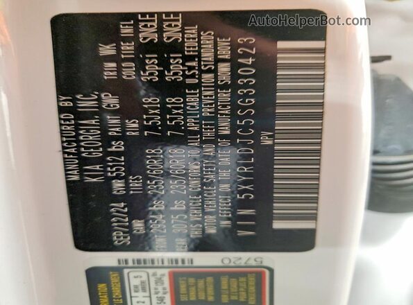 5XYRLDJC5SG330423 2025 KIA SORENTO White Vista interior de 360 grados