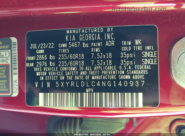 5XYRLDLC4NG140937 2022 KIA SORENTO Red ძრავის განყოფილების ხედი