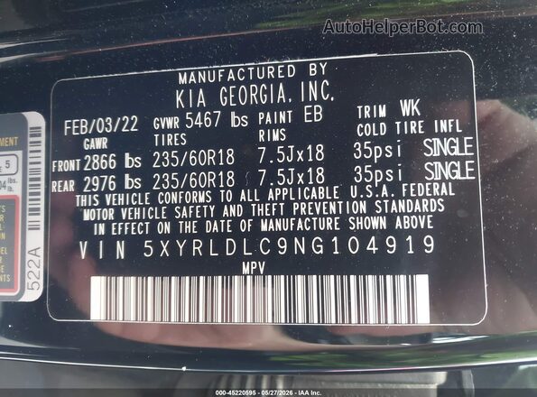 5XYRLDLC9NG104919 2022 KIA SORENTO Black Vista del compartimento del motor