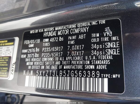 5XYZT3LB5JG563389 2018 HYUNDAI SANTA FE SPORT Серый Вид подкапотного пространства