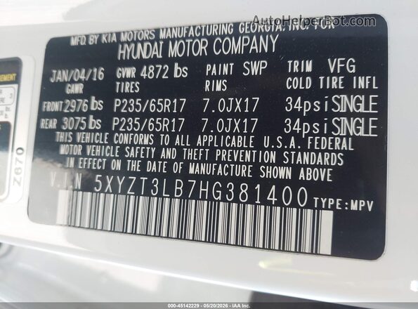 5XYZT3LB7HG381400 2017 HYUNDAI SANTA FE SPORT Белый Вид подкапотного пространства