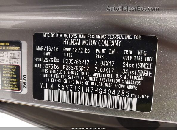 5XYZT3LB7HG404285 2017 HYUNDAI SANTA FE SPORT Gray ძრავის განყოფილების ხედი