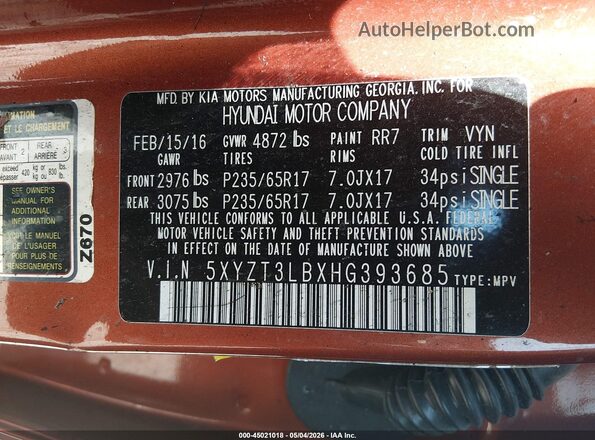 5XYZT3LBXHG393685 2017 HYUNDAI SANTA FE SPORT Оранжевый Вид подкапотного пространства