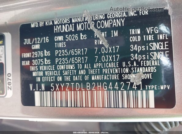 5XYZTDLB2HG442741 2017 HYUNDAI SANTA FE SPORT Бежевый Вид подкапотного пространства