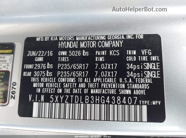5XYZTDLB3HG438407 2017 HYUNDAI SANTA FE SPORT Silver 