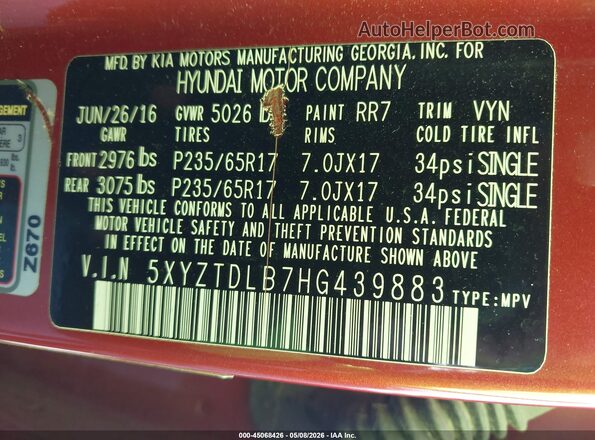5XYZTDLB7HG439883 2017 HYUNDAI SANTA FE SPORT Orange 
