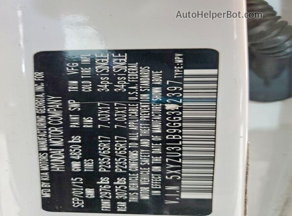 5XYZU3LB9GG342397 2016 HYUNDAI SANTA White 