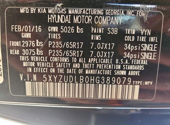 5XYZUDLB0HG389079 2017 HYUNDAI SANTA Black 