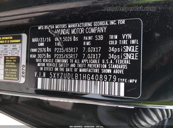5XYZUDLB1HG408979 2017 HYUNDAI SANTA FE SPORT Black ძრავის განყოფილების ხედი
