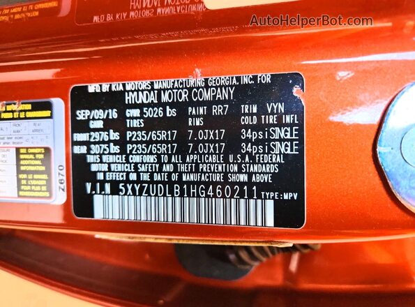 5XYZUDLB1HG460211 2017 HYUNDAI SANTA Orange Widok naklejki z numerem VIN