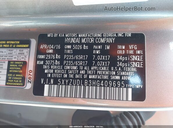 5XYZUDLB3HG409695 2017 HYUNDAI SANTA FE SPORT Silver Vista del compartimento del motor