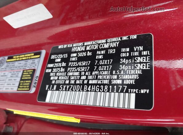 5XYZUDLB4HG381177 2017 HYUNDAI SANTA FE SPORT Red ძრავის განყოფილების ხედი