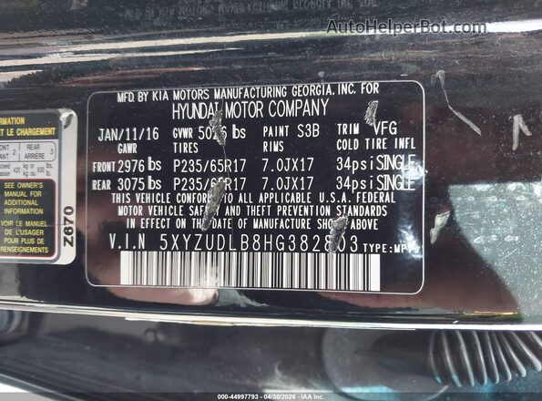 5XYZUDLB8HG382803 2017 HYUNDAI SANTA FE SPORT Black Շարժիչի բաժամունքի տեսք