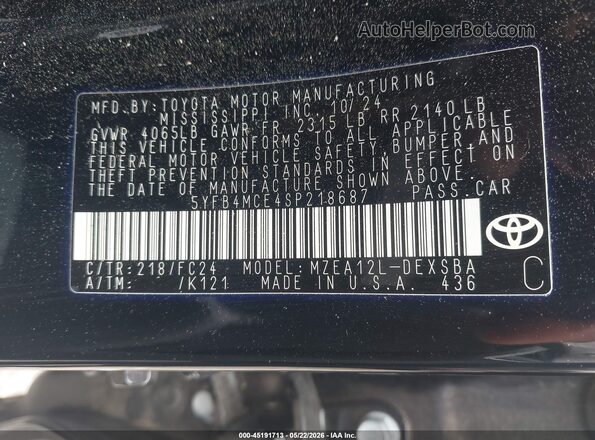 5YFB4MCE4SP218687 2025 TOYOTA COROLLA Черный Вид подкапотного пространства