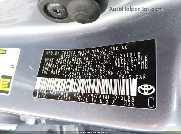 5YFB4MDE1SP332001 2025 TOYOTA COROLLA Light Blue Вид підкапотного простору