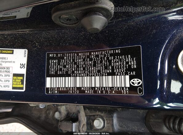 5YFB4MDE2PP035794 2023 TOYOTA COROLLA Blue ძრავის განყოფილების ხედი