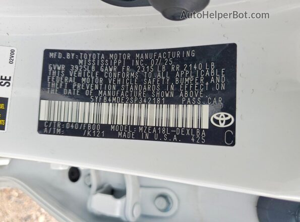 5YFB4MDE2SP342181 2025 TOYOTA COROLLA White Вид підкапотного простору