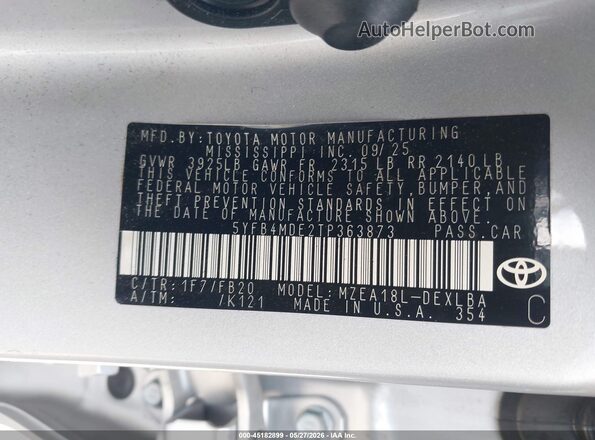 5YFB4MDE2TP363873 2026 TOYOTA COROLLA Серебряный Вид подкапотного пространства