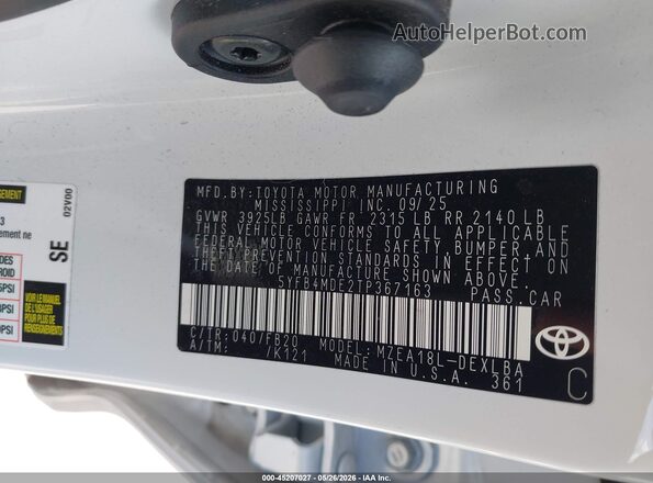 5YFB4MDE2TP367163 2026 TOYOTA COROLLA White Вид підкапотного простору