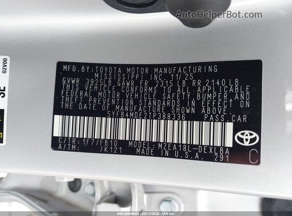 5YFB4MDE2TP388336 2026 TOYOTA LL Silver Engine compartment view