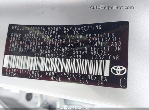 5YFB4MDE2TP406219 2026 TOYOTA LL Silver Вид підкапотного простору